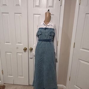Blue Denim Maxi Dress with White Shirt